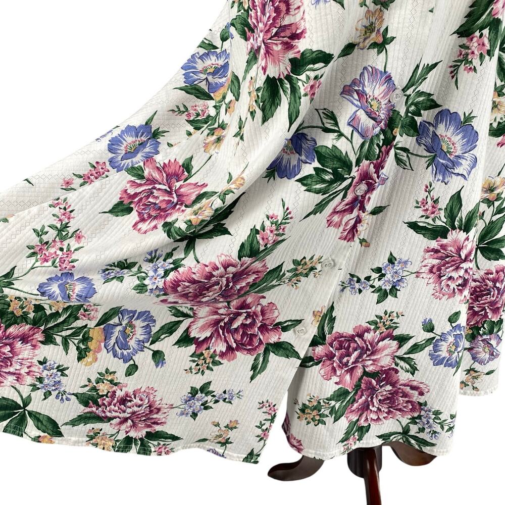 Vtg Bohemian Romantic Floral Coquette Button Down Midi Dress 8 White Pink - Picture 8 of 16
